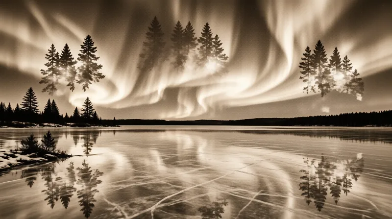 Warm brown toned view of silhouetted conifer trees mirrored on a calm frozen lake beneath rippling glowing aurora in the dark sky.