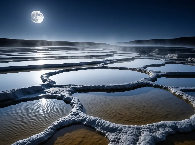 Stepped travertine pools hold still water under a dark night sky, with a bright full moon reflecting across their surfaces.