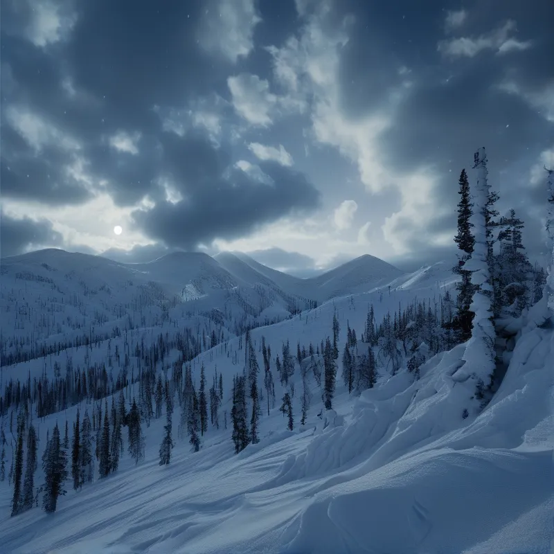 A vast winter landscape shows snow blanketing hills and dark evergreen trees beneath a moody cloudy sky.