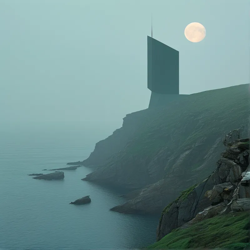 A tall angular structure rises from a grassy headland overlooking calm waters under a hazy sky with a bright moon.