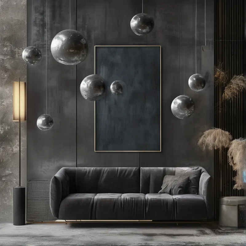 A grey sofa rests in a dark room beneath hanging silver spheres reflecting the warm light of a nearby floor lamp.