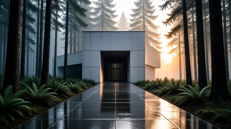 A minimalist concrete building stands at the end of a wet reflective path surrounded by tall pine trees and morning mist.
