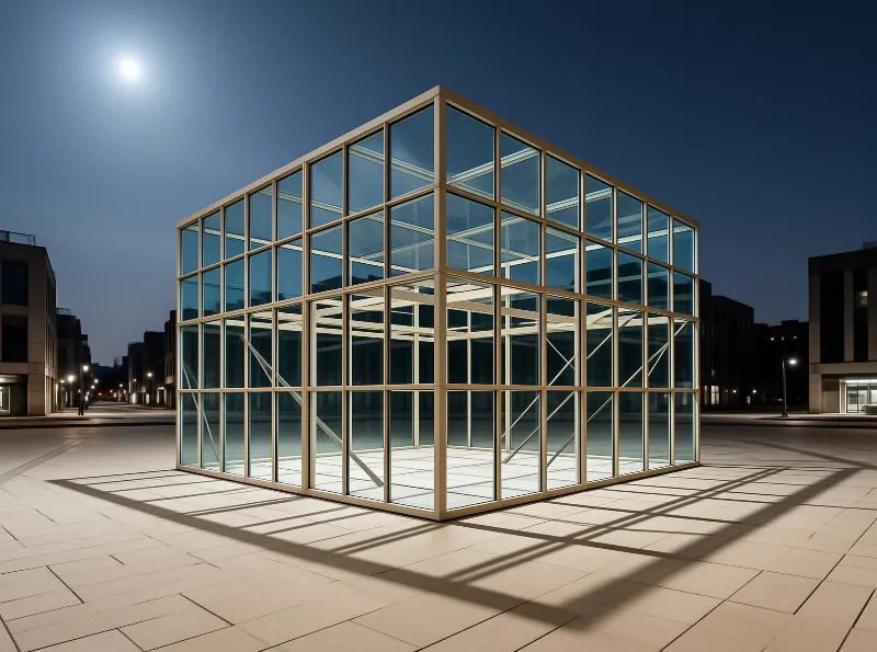Cubic Glass Building at Night
