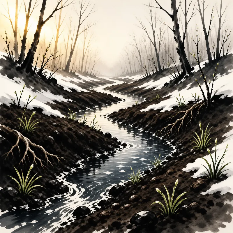 A narrow stream winds through a misty forest landscape where snow patches cover the dark banks.