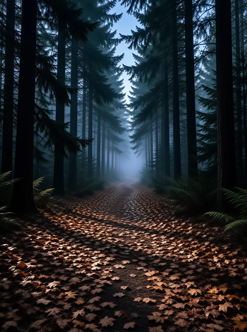 Tall dark conifers close over a winding path thick with rust coloured autumn leaves.