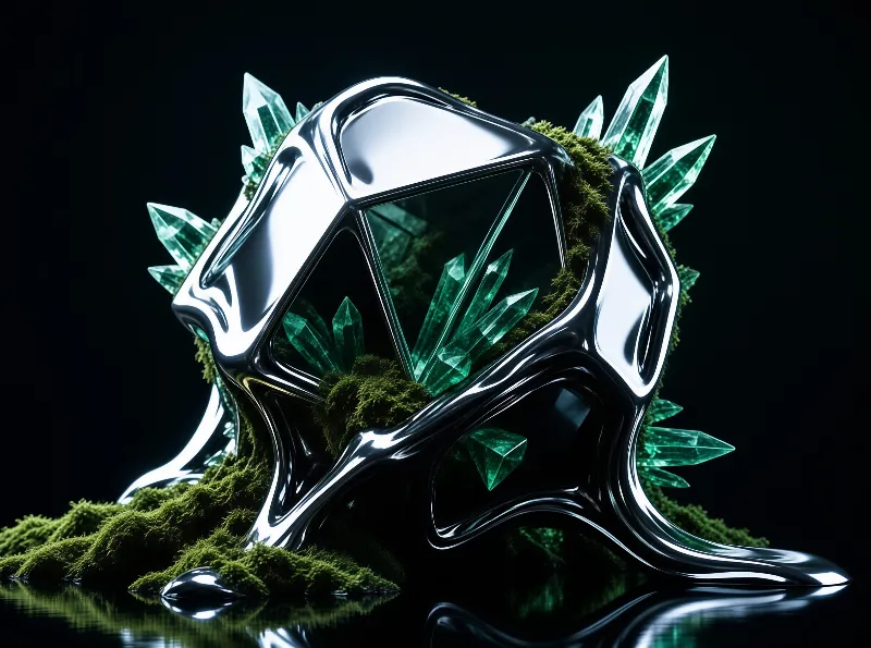 A polished chrome helmet shape overgrown with green moss and large green crystals on a dark reflective surface