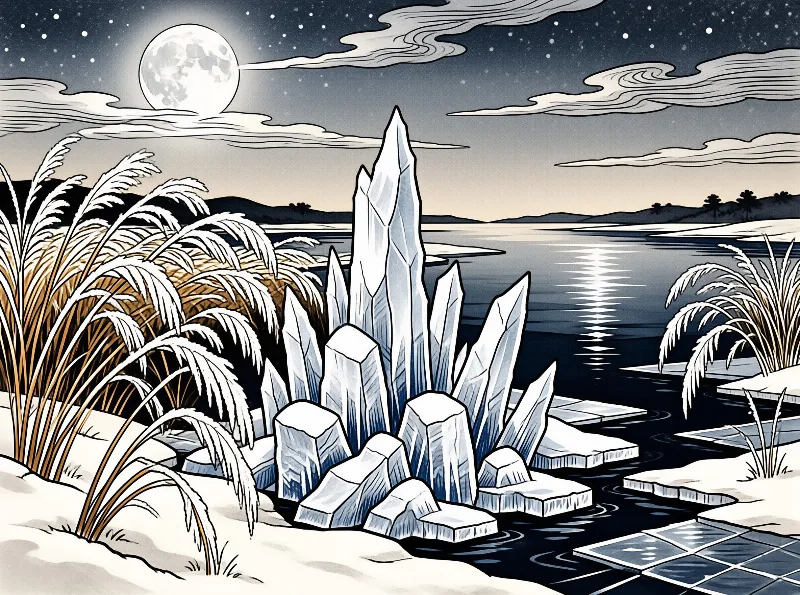A cluster of sharp white crystals stands in dark water beneath a bright moon and scattered stars.