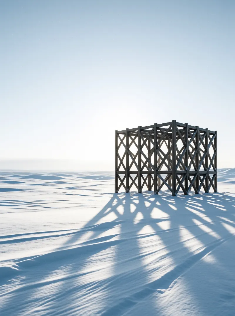 A geometric wooden cage structure stands alone on rippled white desert sand dunes, casting long diagonal shadows.