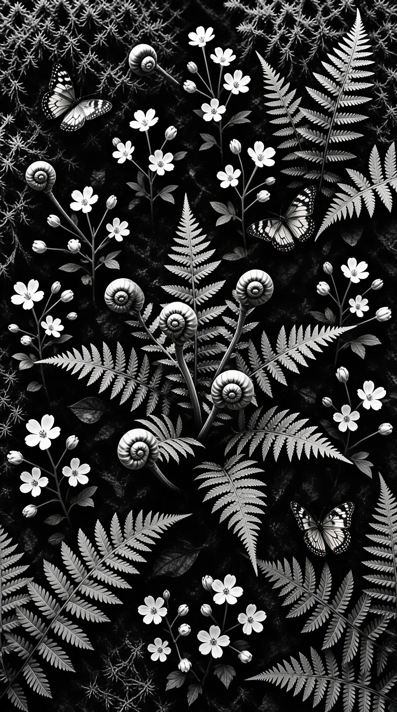 Monochrome botanical scene of fern fronds, five petaled blossoms, snail shells, and butterflies on dark textured ground.
