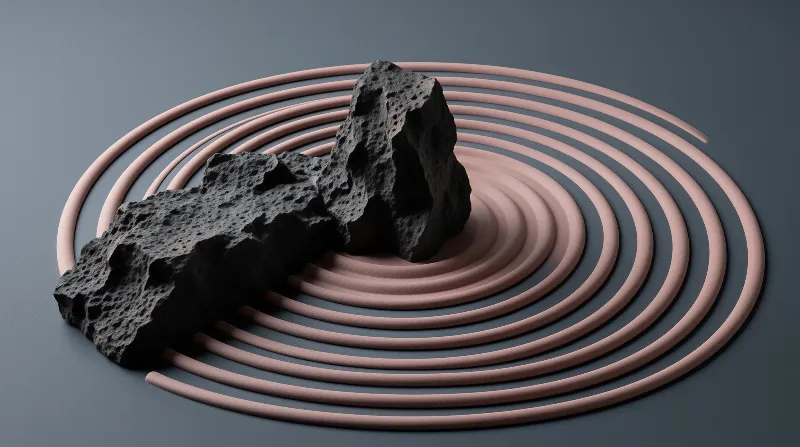A jagged basalt chunk sits atop a long tube spiraling around it on a muted slate surface.