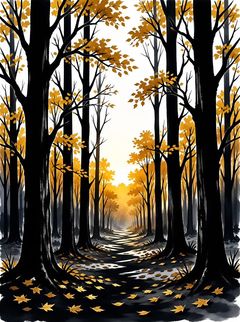 A winding trail leads through black trunks and golden maple leaves toward a bright glowing center.