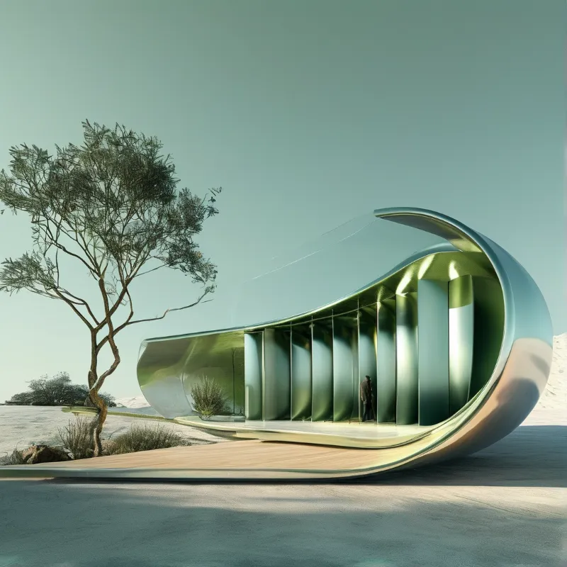 A flowing metallic structure sits on a dry salt flat under a clear pale sky.