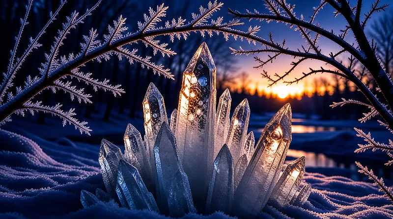 Translucent crystals emerge from snowy ground beneath frosted branches while warm sunlight illuminates the stone tips.