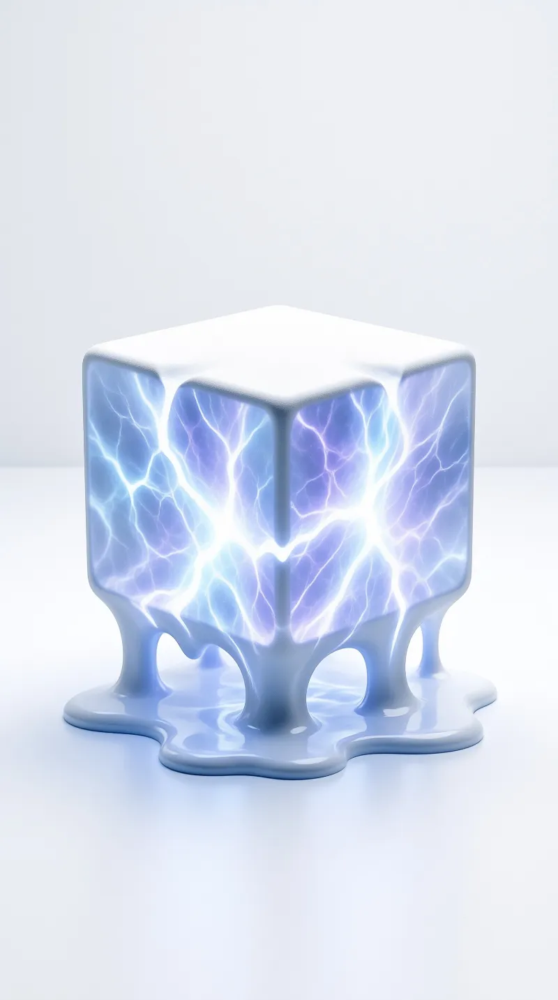 A white cube melts into a blue puddle revealing bright electric veins on its sides against a plain background.