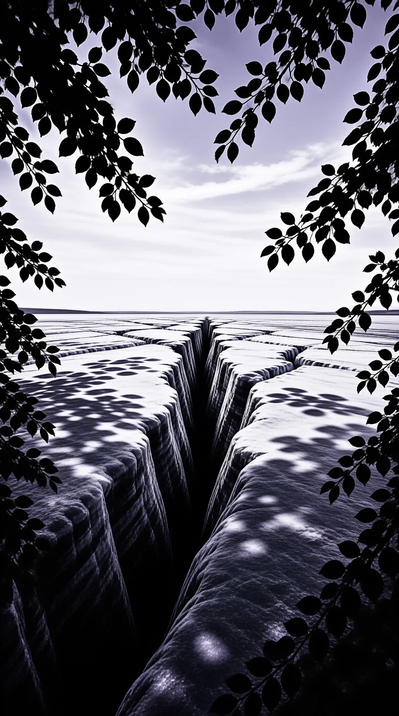 Purple geometric structures stretch toward the horizon, framed by dark leaves casting shadows across the surface below.
