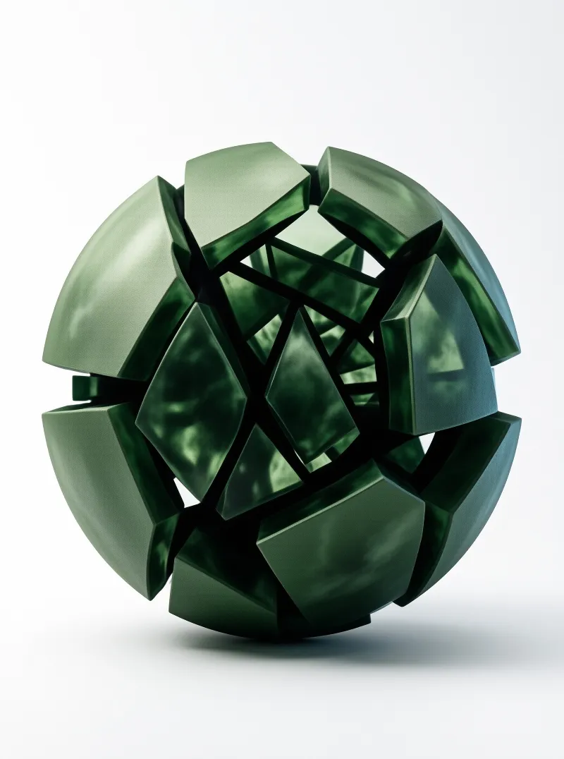 A glossy green sphere composed of broken geometric fragments floats against a white background with soft shadows.