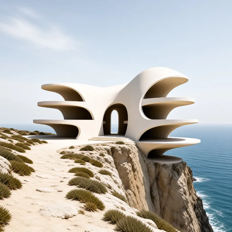 A curved white structure with layered arches sits on a sandy cliff edge above the deep blue sea under bright sunlight.