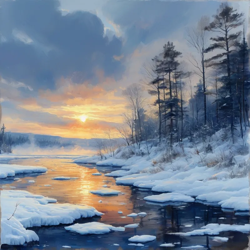 A winding river covered in ice floes reflects the warm glow of a low sun against a snowy forest bank.