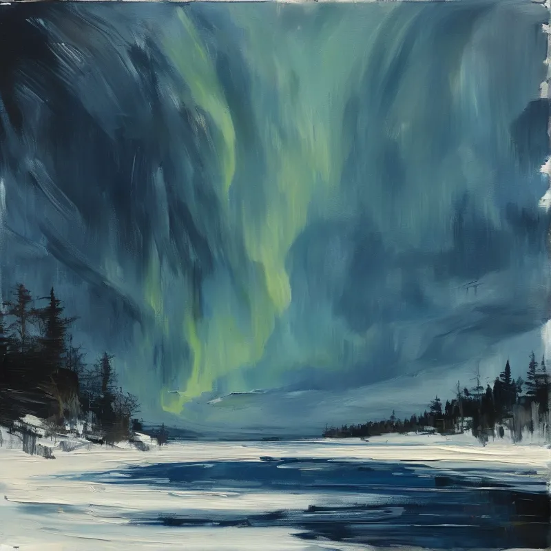 Oil painted aurora flows over a snow-covered winter lake bordered by dark pine trees under a deep blue night sky.