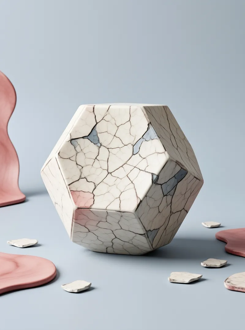 A white hexagonal prism with cracked surfaces rests on a blue floor scattered with small fragments and pink forms.