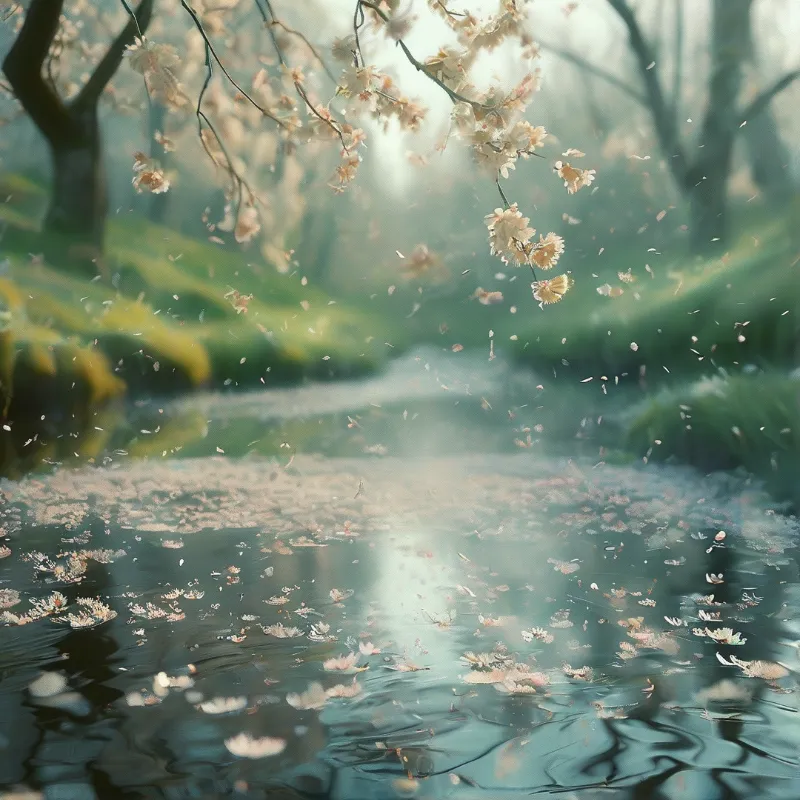 Soft pink petals drift through the air and settle onto the surface of a calm misty pond surrounded by green trees.