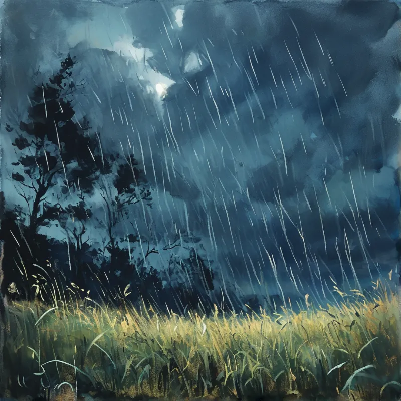 Dark wind bent trees line a warm sunlit grass field as thick slanted rain falls across the moody clouded blue sky