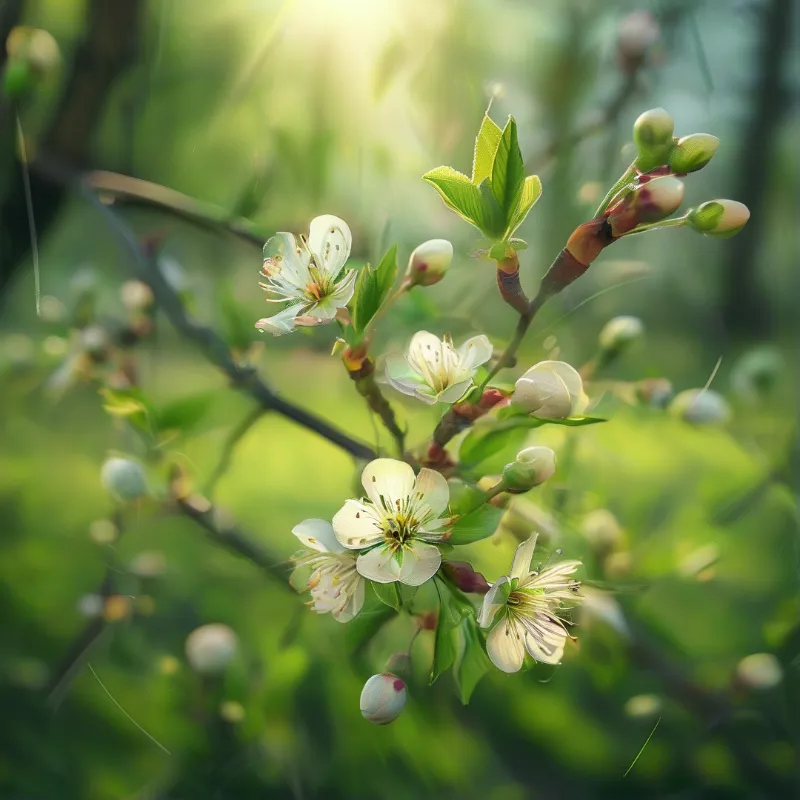 Delicate white flowers and round buds glow on a slender branch against a soft green blurred orchard background