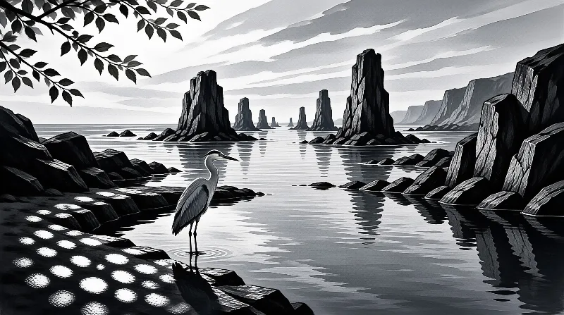 A heron stands in shallow water near rocky shores while tall sea stacks rise from the ocean in the distance.