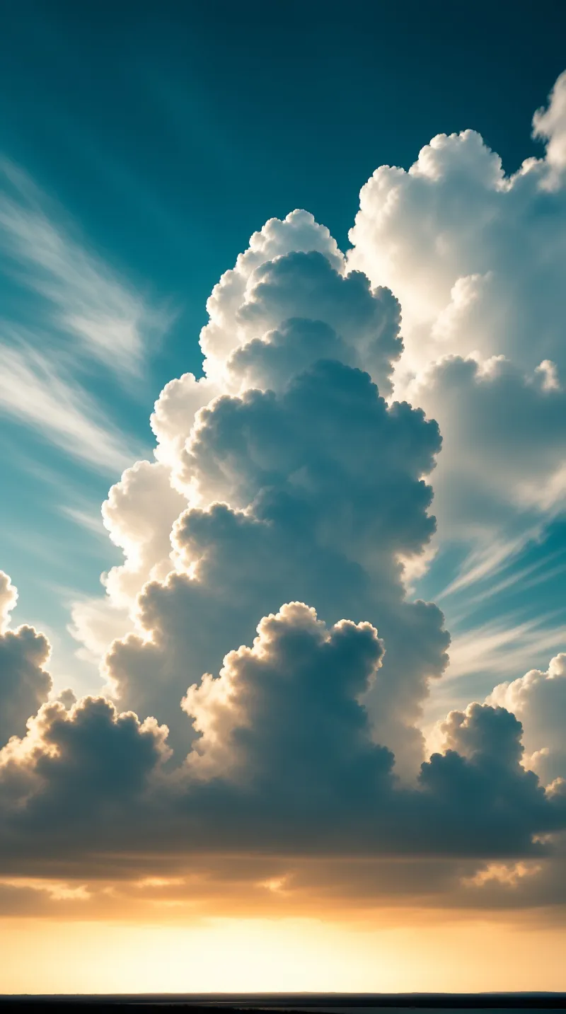 A bright silver edged cloud column climbs through teal sky above a thin amber horizon.
