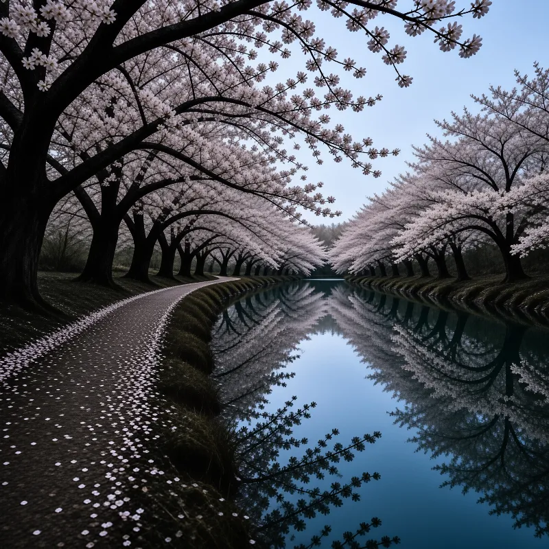 Rows of blooming sakura trees line a winding path beside a calm river that mirrors the twilight sky and scattered petals.