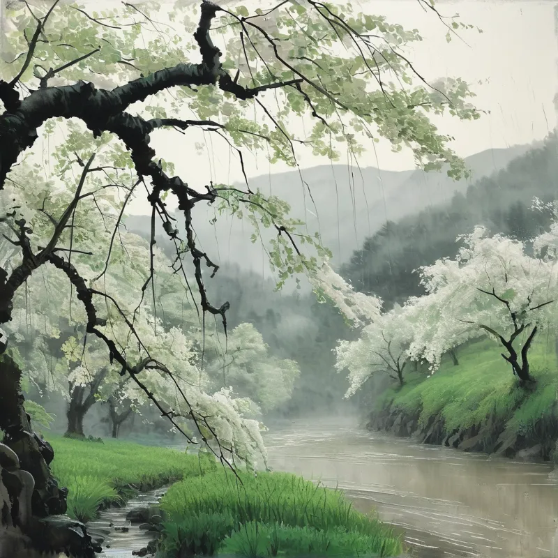 A large tree with hanging leaves frames a calm river winding through green hills shrouded in heavy morning fog.