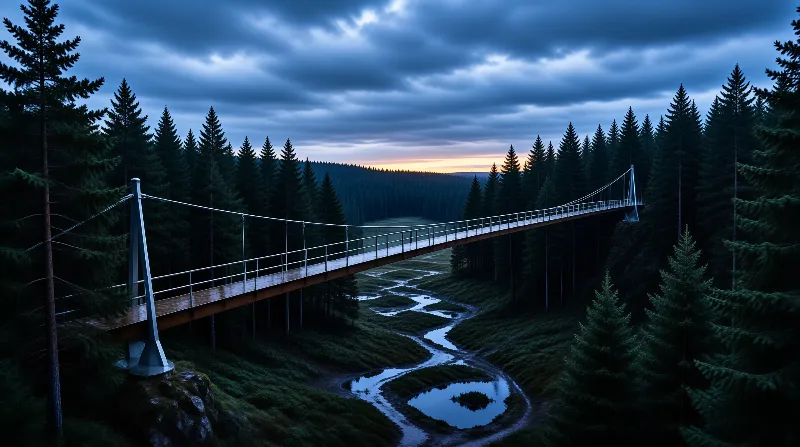 A long footbridge crosses a tree-filled canyon while a winding river curves beneath it during the blue hour.