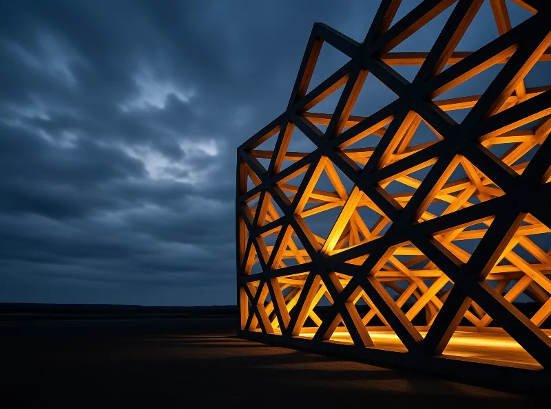 A geometric wooden lattice structure glows amber against a dark cloudy twilight sky over a flat dark landscape.