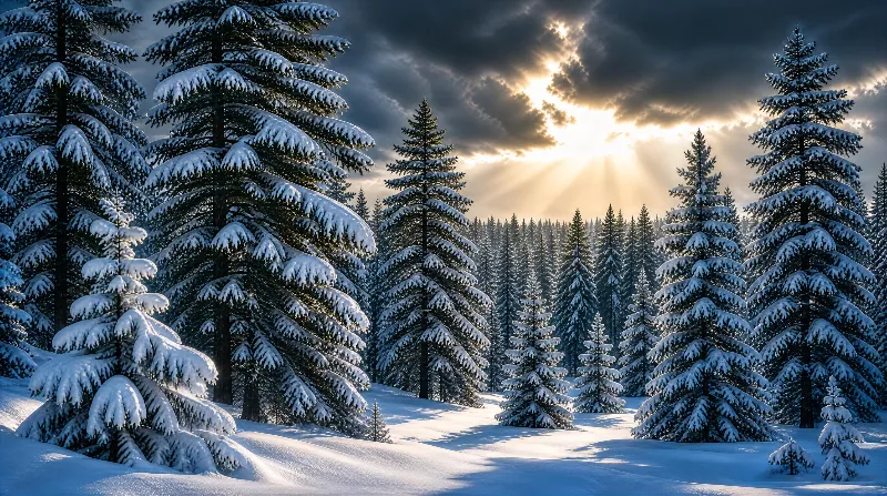 Sunlit Snowy Coniferous Forest