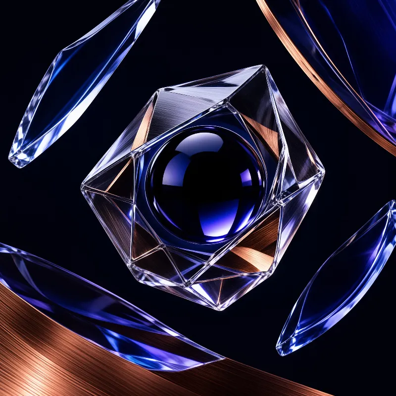 A geometric crystal structure with a deep blue core surrounded by angular blue fragments and warm copper metallic elements against a dark background.