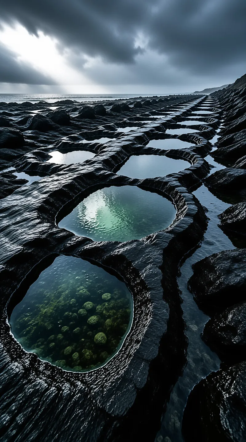 Tidal pools line a wet dark basalt coastline beneath storm clouds, with sun rays breaking through to reflect off the still water in the pools.