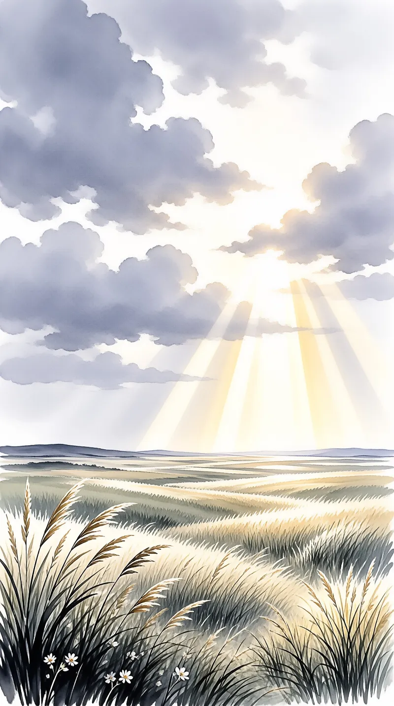 Watercolor of golden grassland with tall grasses and white flowers, sunbeams breaking through grey clouds above a ridge.