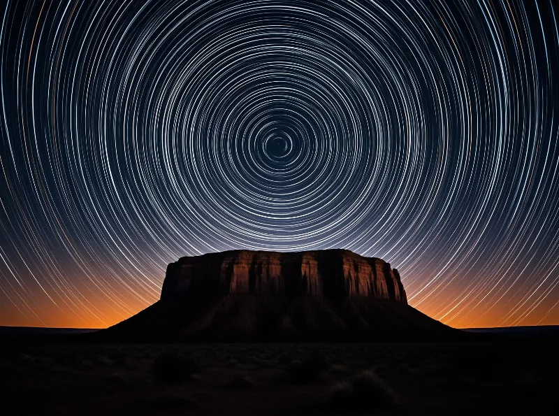 A dark mesa stands against a swirling sky of star trails with an orange horizon glow.