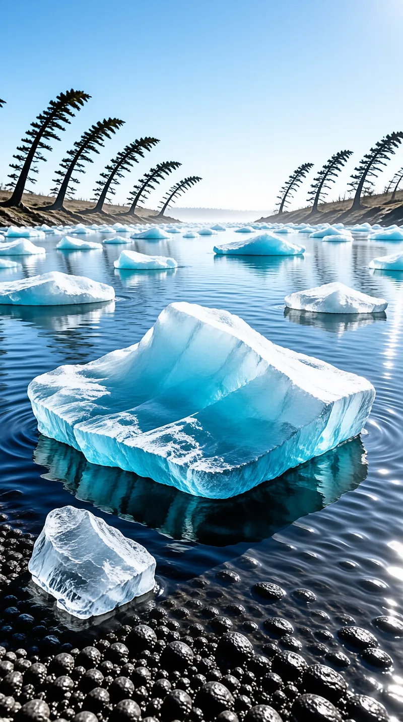 Chunks of blue glacial ice float in glassy water while storm leaning conifers line the far bank under a clear sky