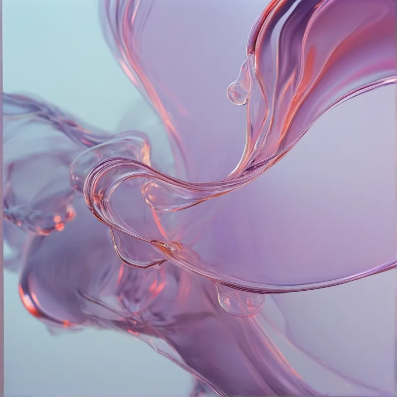 Smooth, iridescent streams of pink and violet fluid swirl and twist against a soft, light blue background.
