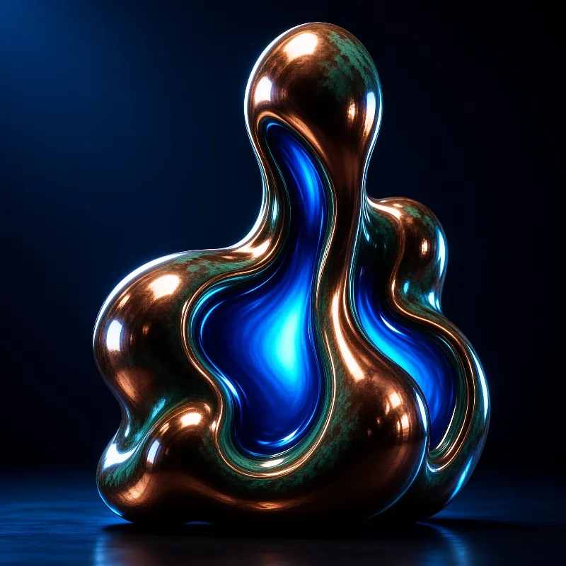 Shiny copper metallic object sits on dark surface while glowing blue energy flows through its wavy center.