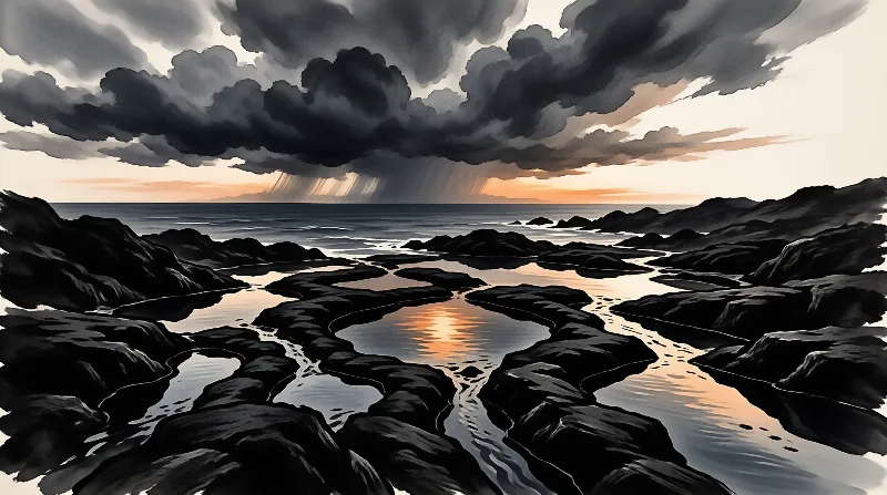 Dark coastal rocks surround pools of water reflecting the warm horizon as rain showers fall from heavy overhead clouds.