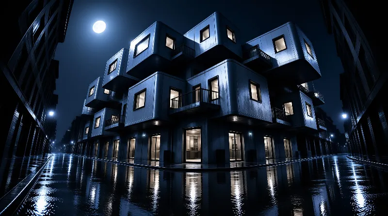 Stacked cubic modules with glowing windows flank a wet street that reflects moonlight under a blue night sky.