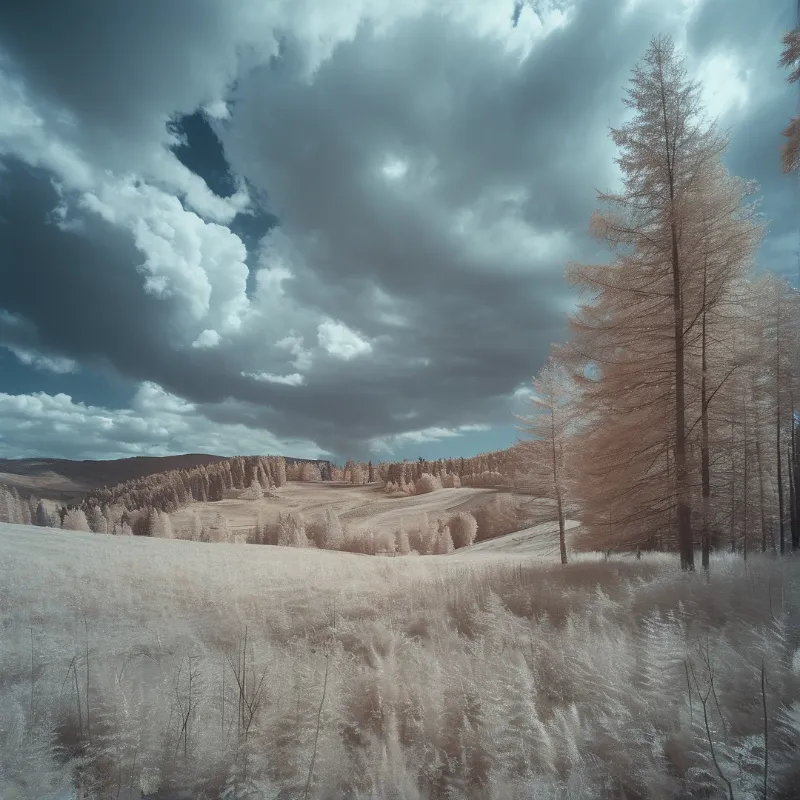 A pastel meadow rolls beneath heavy clouds while pale trees glow on the hillside in soft afternoon light.