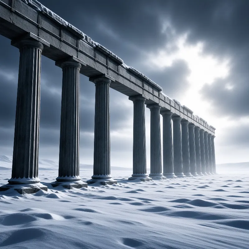 Stone columns line a snowy plain under a dramatic sky with light breaking through the clouds.