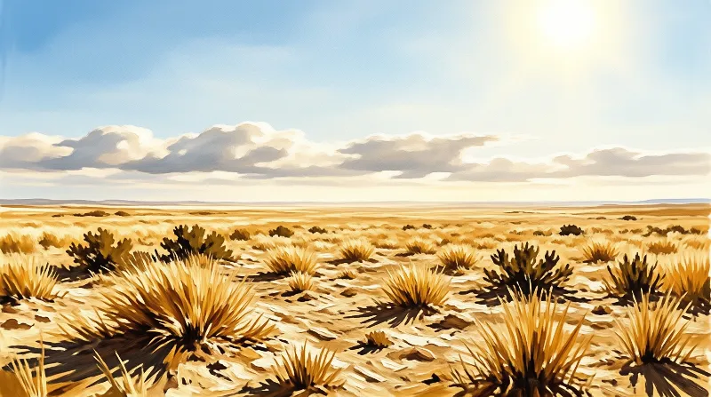 Tufted dry grass and dark shrubs spread across a sandy plain beneath a bright blue sky with scattered clouds.