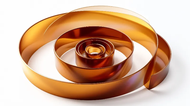 A glossy copper band winds into concentric spirals and reflects warm highlights on a clean white surface