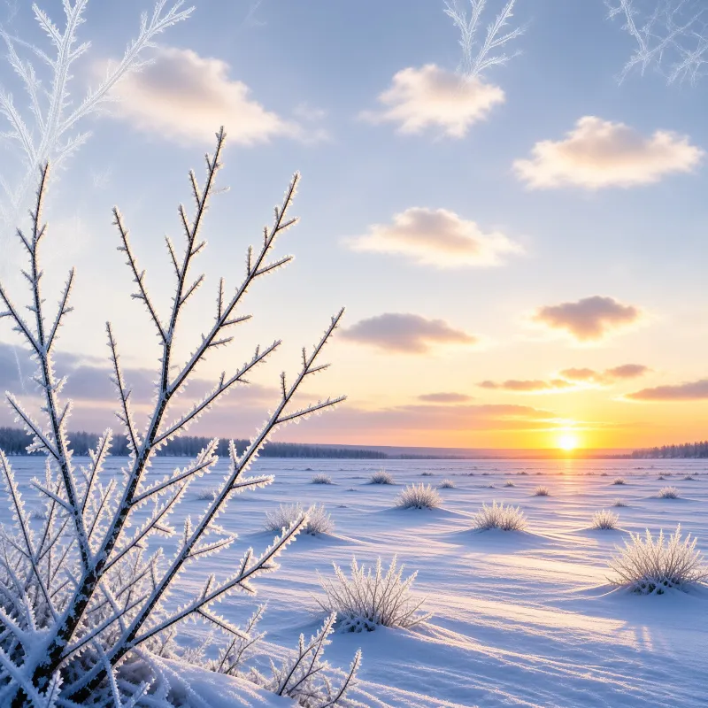 Icy tree branches in the foreground overlook a frozen plain where the sun casts long golden rays across the drifts.