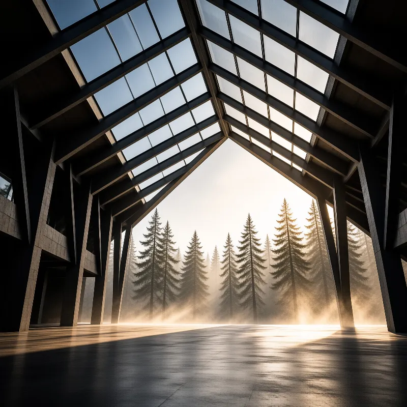A spacious modern hall with an angled glass roof opens onto tall evergreen trees shrouded in golden mist.