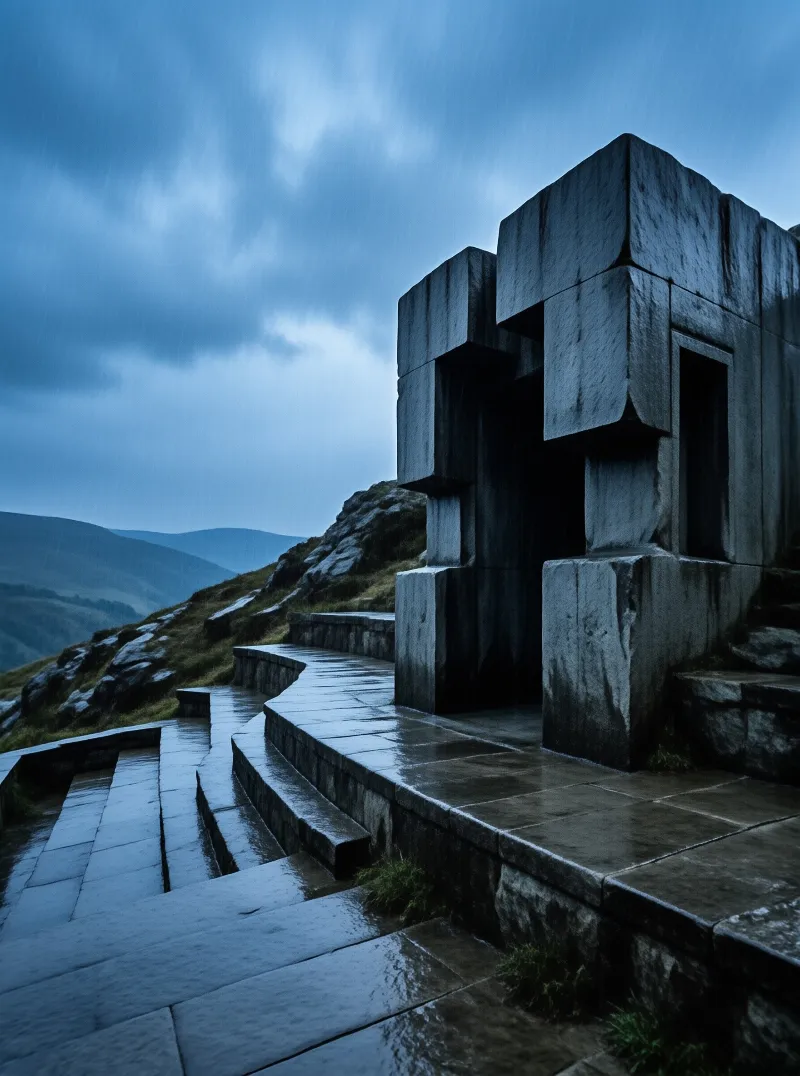 Grey stone blocks form a ruin on a wet path overlooking hills under a dark blue rainy sky.